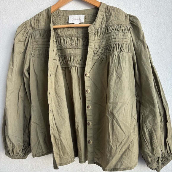 Cleobella River Organic Cotton Pintuck Puff Sleeve Button Up Blouse Olive Green - Picture 5 of 11